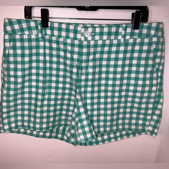 MERONA, 14, gingham, green/ white check print 4pocket, button zip shorts - Picture 1 of 5